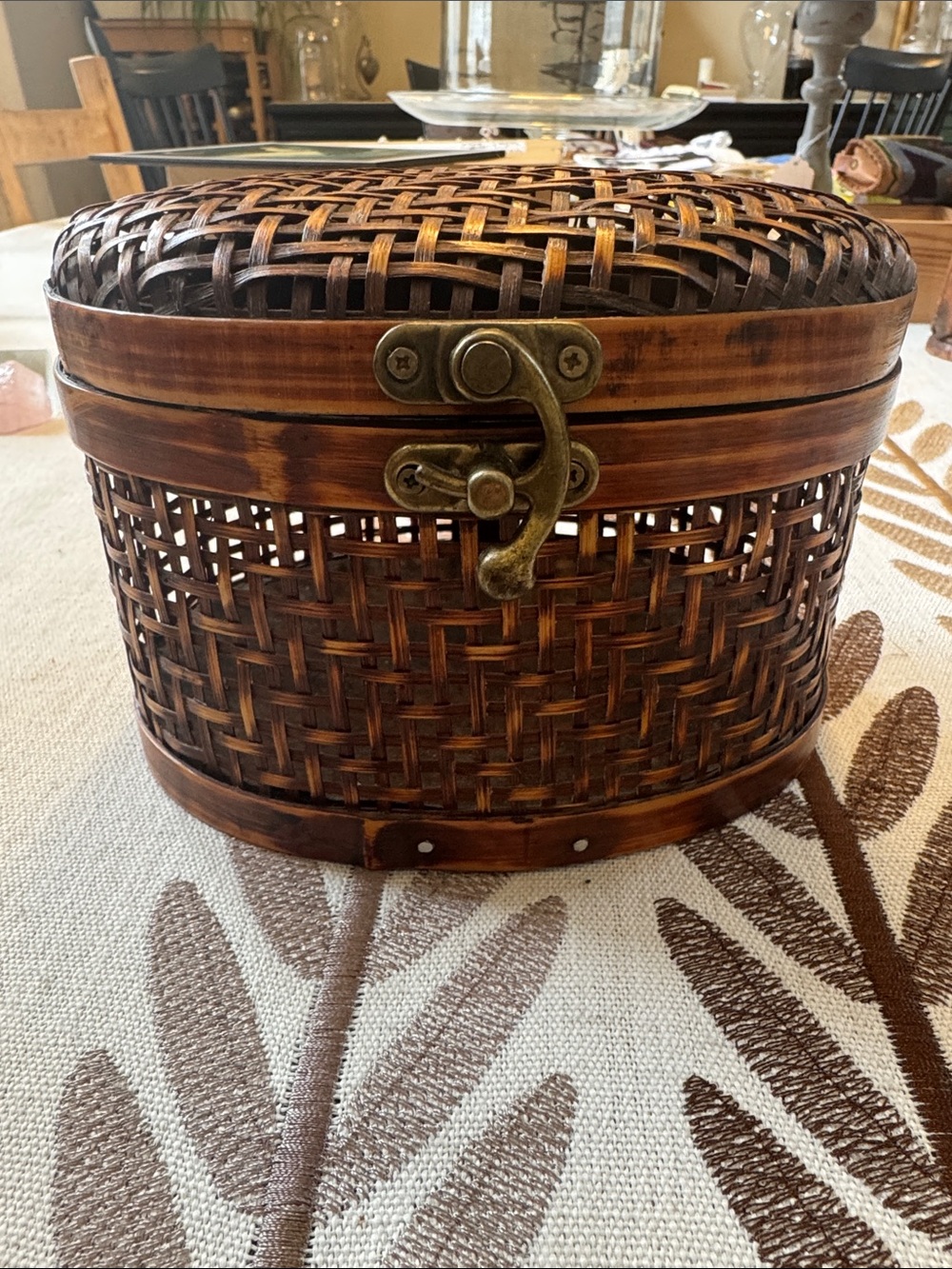Woven Natural Fiber and Wood Jewelry Box with Brass Latch